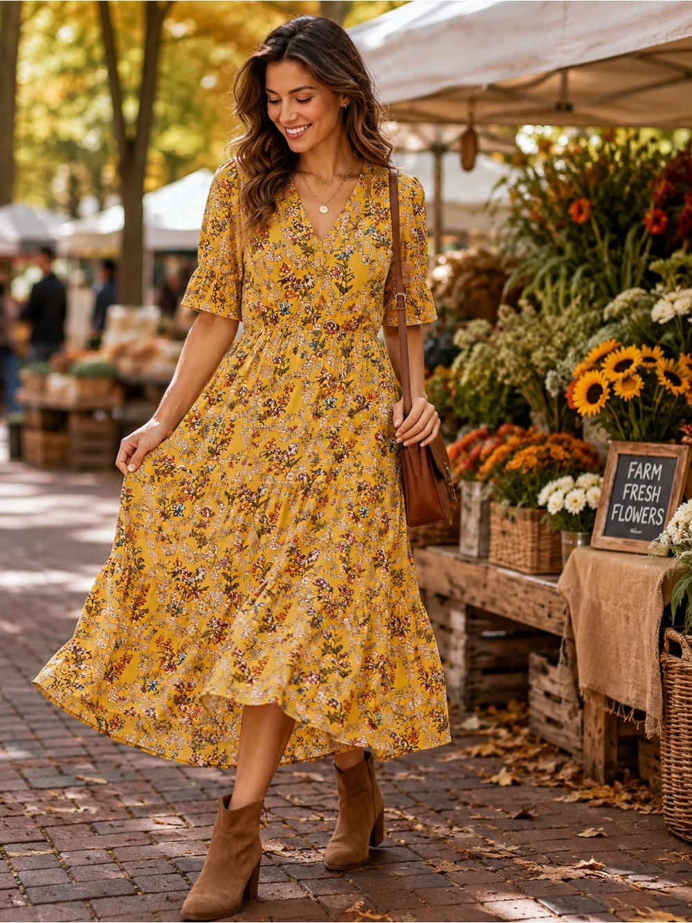 Lapis Anthropologie Yellow Floral Tiered Midi Dress Smocked Sleeve S Cottagecore